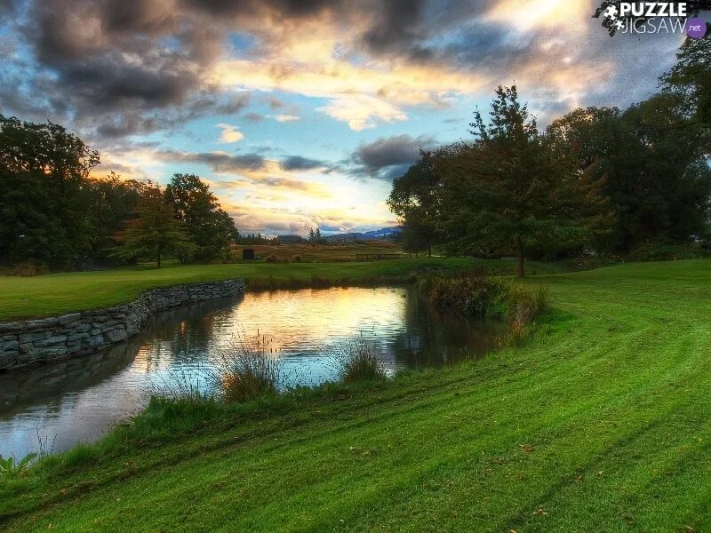 viewes, clouds, grass, trees, brook - Puzzle jigsaw