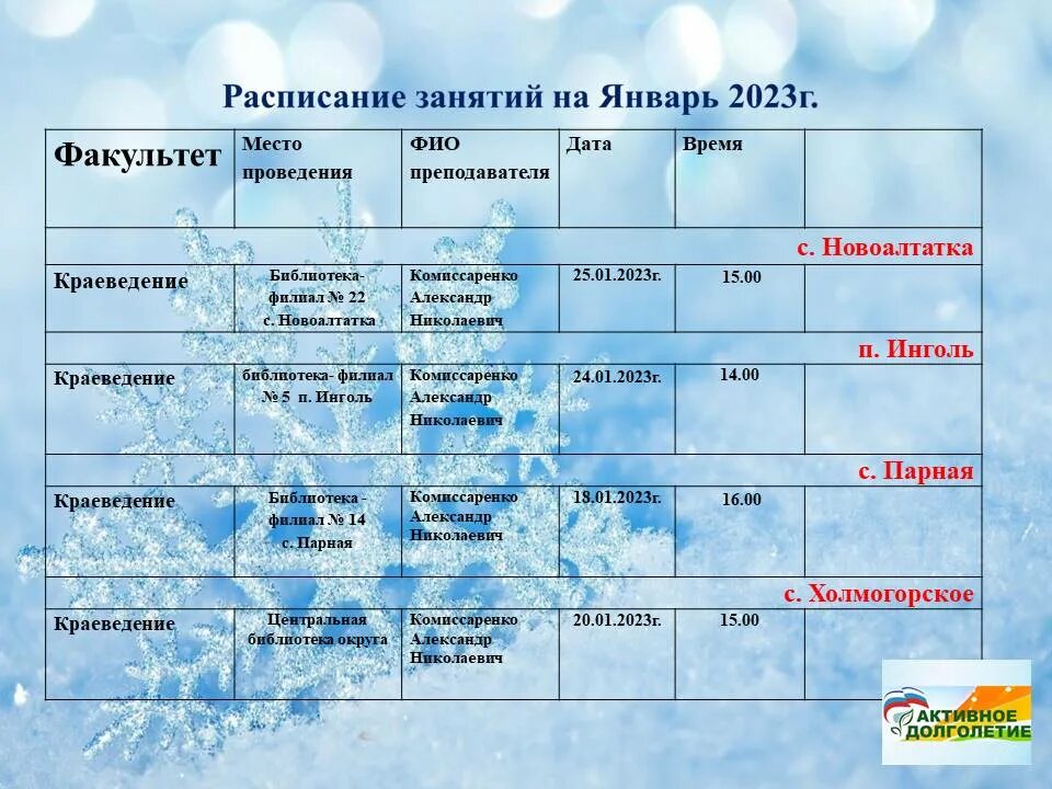 Расписание январь 2023