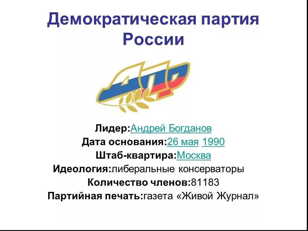 Демократическая партия России 1990. Демократическая партия России идеология Лидер. Демократическая партия России политические партии России. Политическая партия "Демократическая партия России". Демократия партия россии