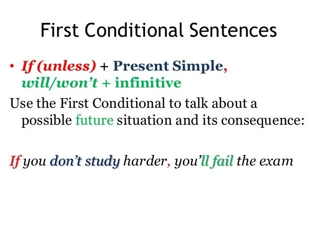 Unless sentences. Предложения с if и unless. Unless в условных предложениях. Предложения с unless. First conditional схема.