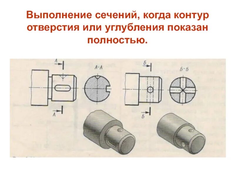 Сечение детали с отверстием. Детали для выполнения сечений. Выполнение сечений на чертеже. Пример выполнения сечения.