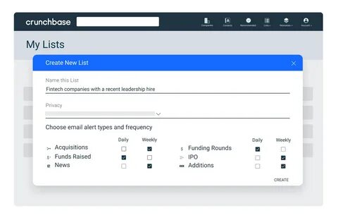Crunchbase create list and email alerts sign up feature.