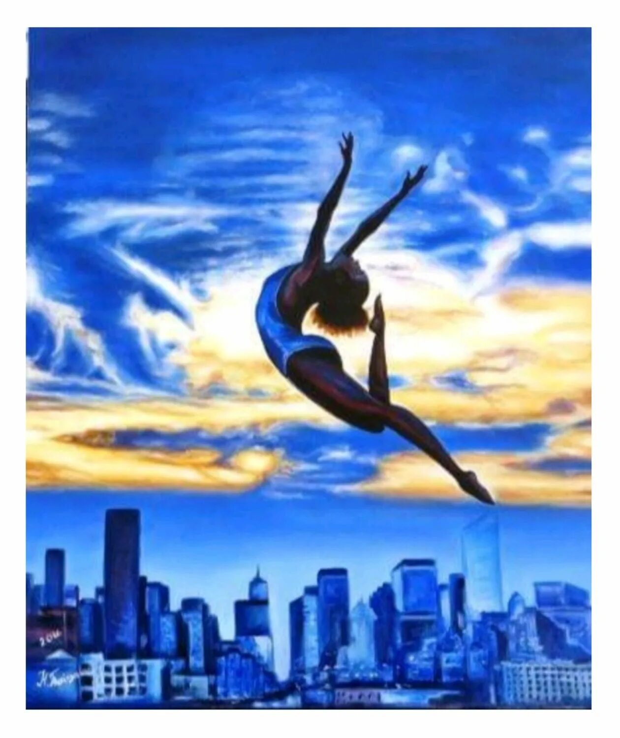 Картина масло прыжок. Девушка в гамаке над городом картина. Силуэт прыгун над над городом.