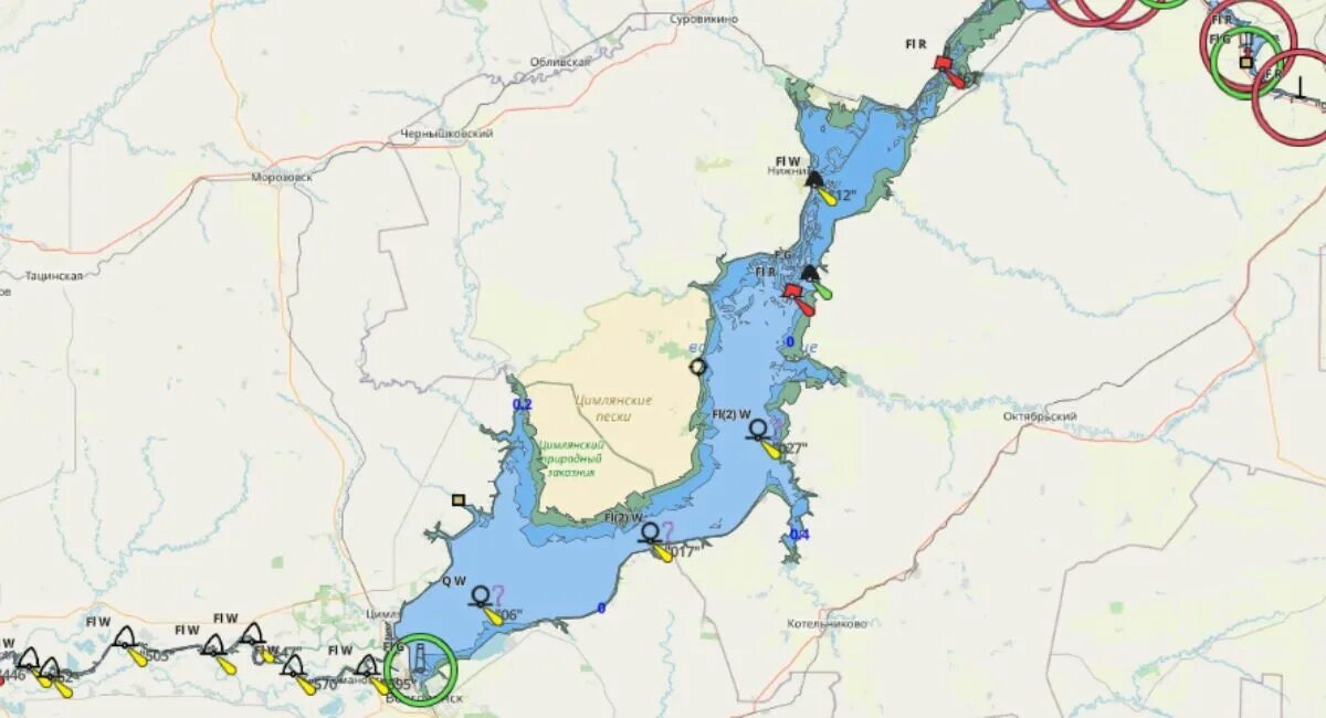Цимлянском водохранилище на карте