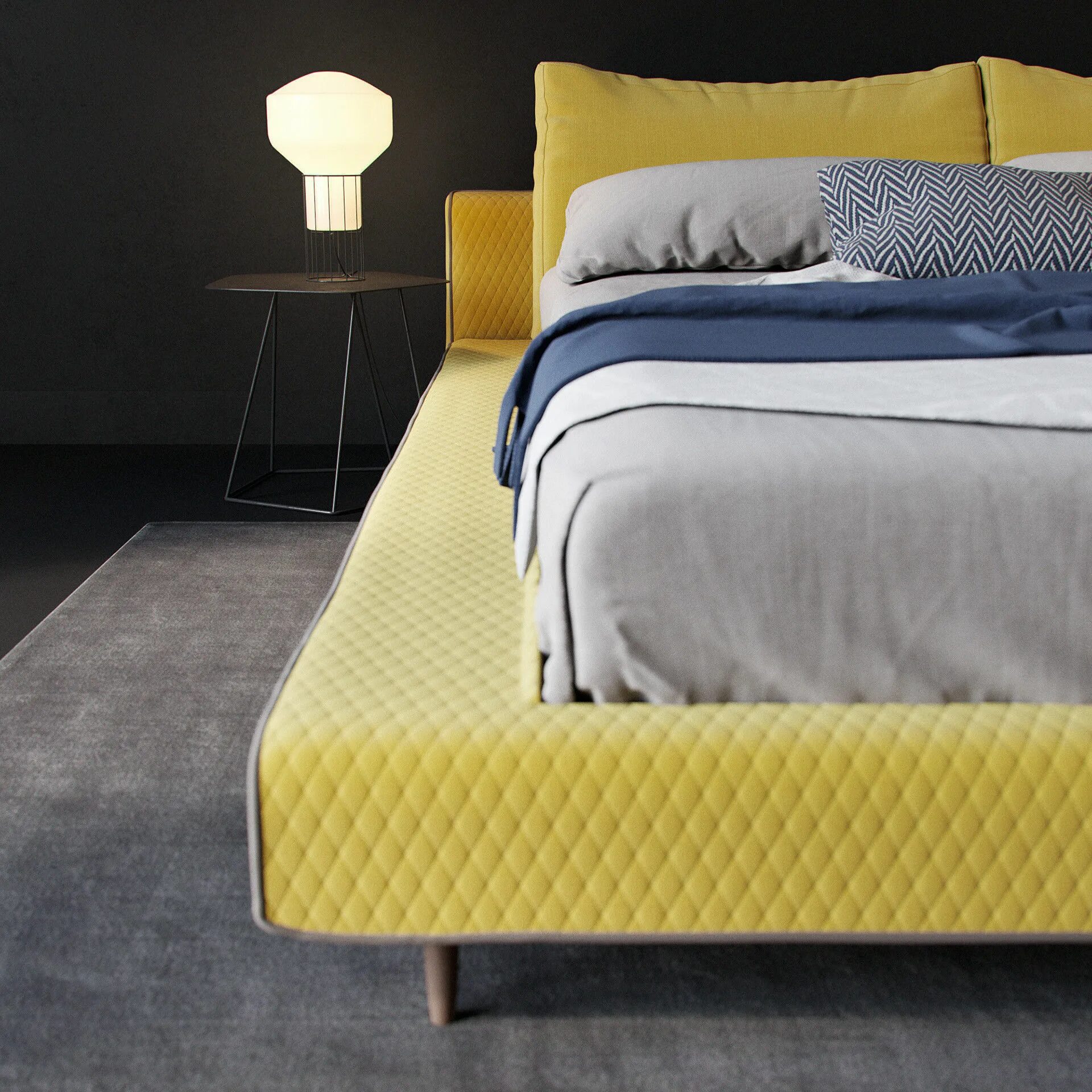 déco chambre jaune lit coussins mur tableau rideaux blancs Bedroom design, Yello