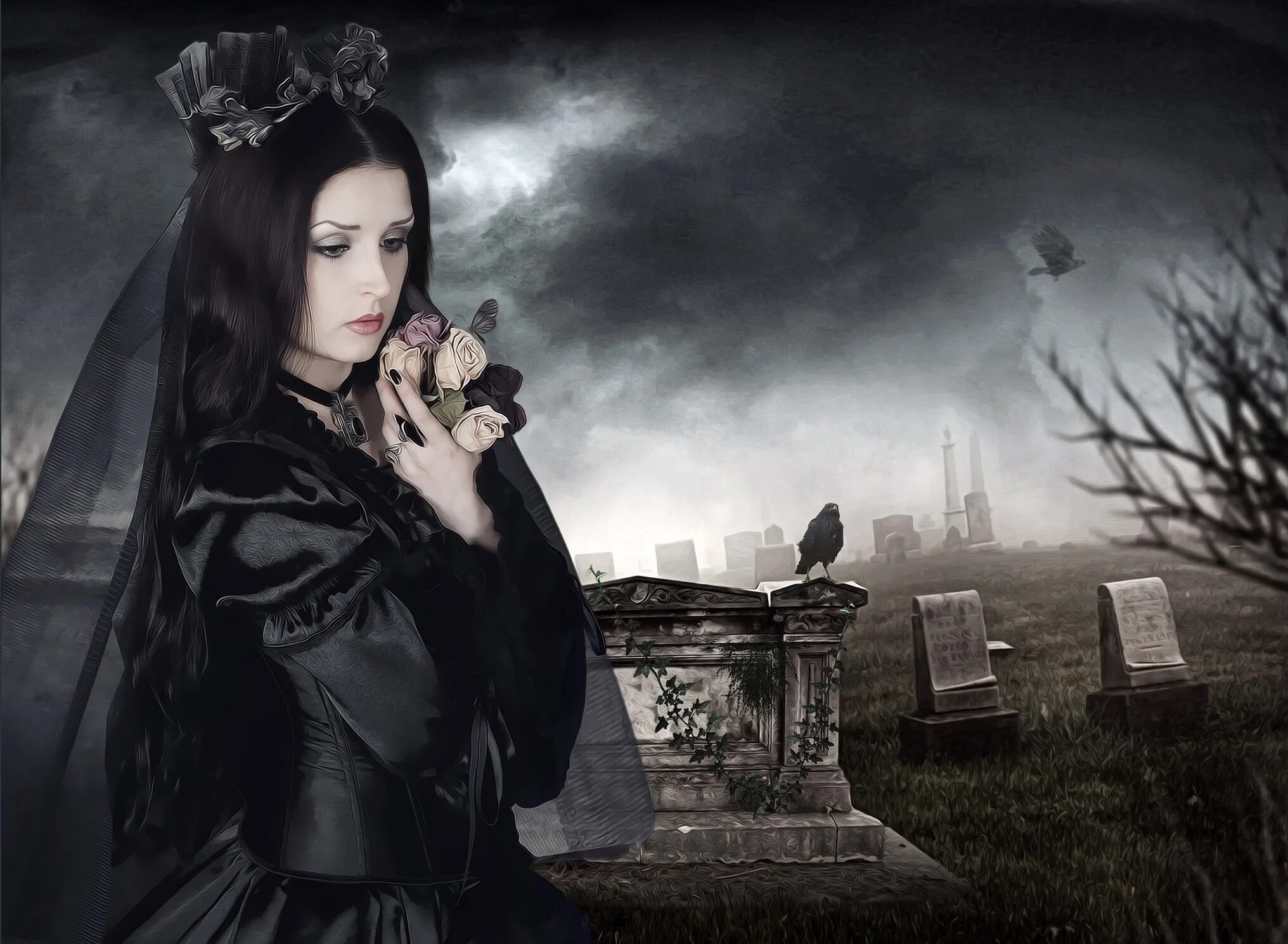 Кладбище готов. Готесса Кристабель. Красивая ведьма. Женщина в черном. Готическая фотосессия.