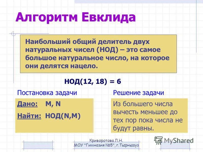 Наибольший общий делитель евклида. Наибольший общий делитель евклида