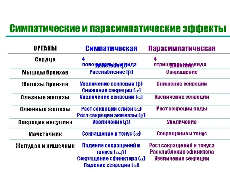 Нервный отдел и функции парасимпатической. Действие симпатических и парасимпатических нервов таблица. Эффекты симпатической и парасимпатической систем. Влияние симпатической и парасимпатической систем. Симпатичнская парасимп.