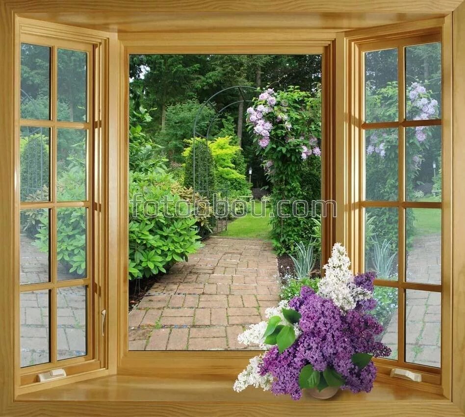 Раскрытое окно. Открытое окно. Сад в окне. Фотообои окно видом на природу.