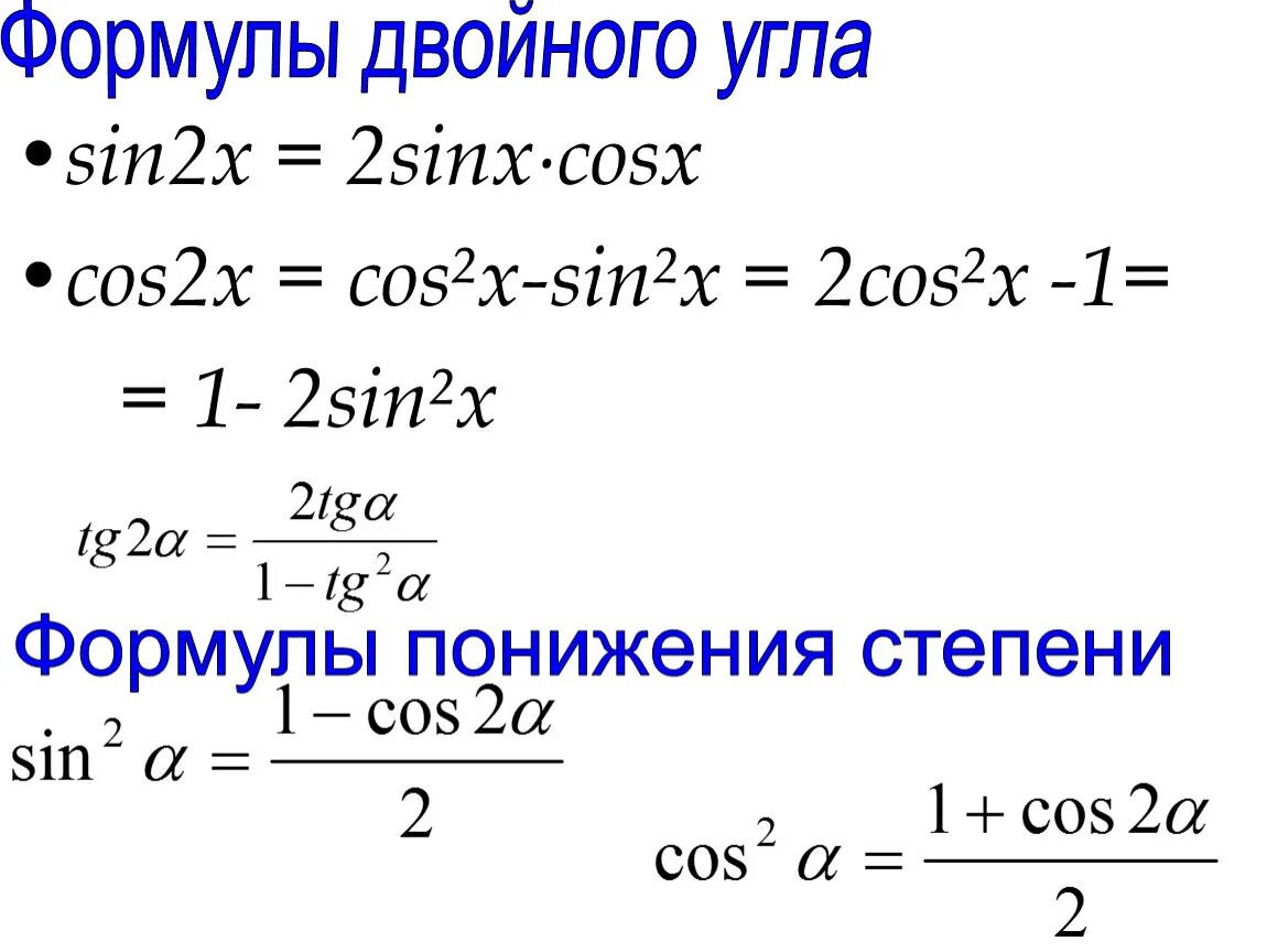 Степени тригонометрических функций. Формулы двойного угла и понижения степени. Формула понижения степени синуса двойного угла. Формулы понижения степени половинного аргумента. Формулы двойного аргумента и формулы понижения степени.