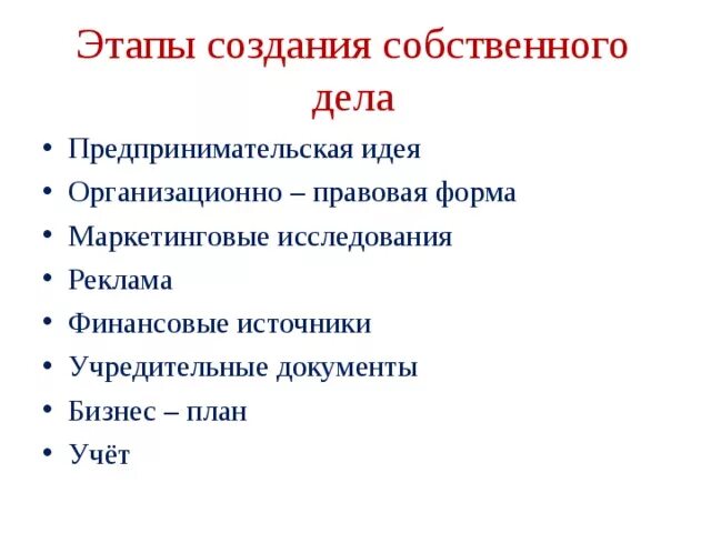 Условия создания собственного дела. Этапы организации собственного дела. Принципы и этапы создания собственного дела. Основные этапы создания собственного дела. Перечислите этапы создания собственного дела.