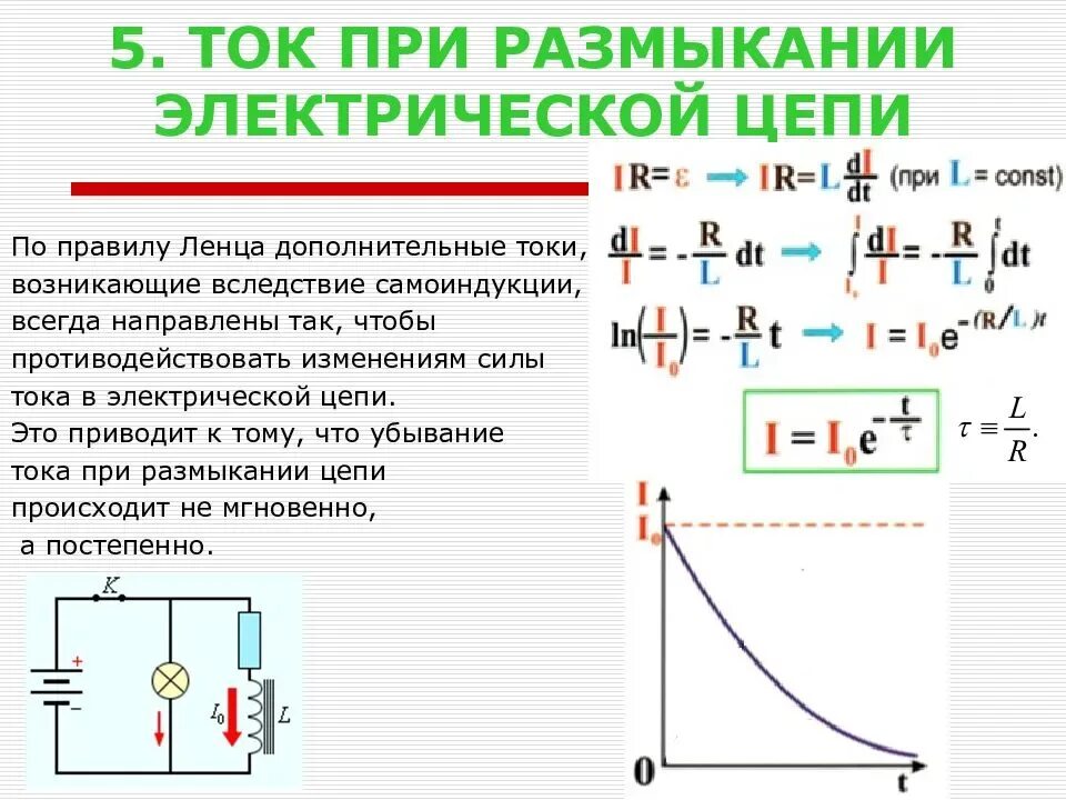 В чем изменяется ток. При размыкание цепи ток самоиндукции. Напряжение самоиндукции при размыкании цепи. При размыкании электрической цепи, с. Токи при замыкании и размыкании электрической цепи.