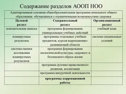 Разделы адаптированной программы