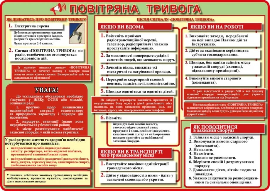 Повітряна тривога, повiтряна тривога. Пам'ятка що робити якщо повітряна тривога. Увага увага повітряна тривога. Увага повітряна тривога всі в укриття.