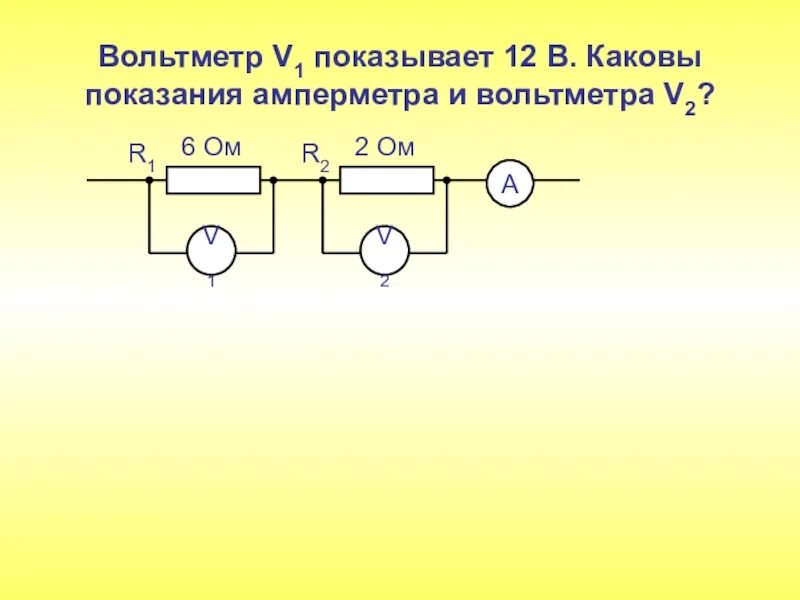 Схема последовательного соединения с вольтметром. Параллельное соединение схема с вольтметром. Схема параллельного соединения проводников с амперметрами. Вольтметр в1 показывает 12 в. в каковы показания амперметра.