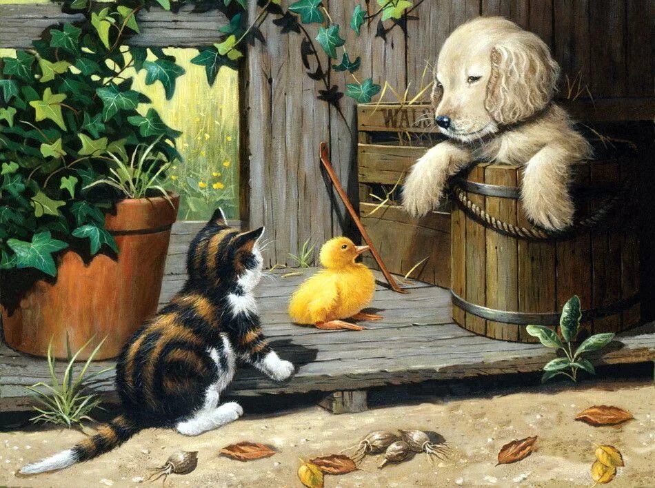 Картины художников с животными. Картины домашних животных. Композиция с животными. Собачка на крылечке.