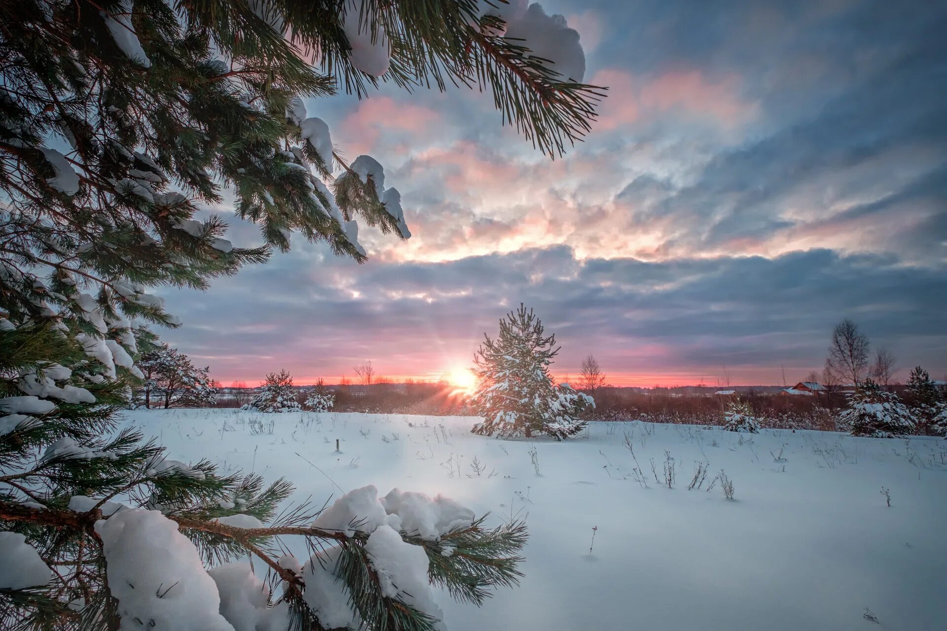 Первозданный снег. Рассвет зимой. Зимний пейзаж. Пейзажи Сибири. Зимний закат.