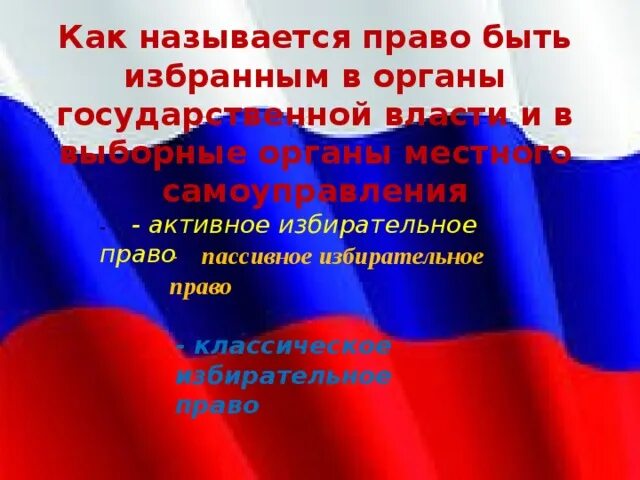 Право избирать в выборные органы власти. Право быть избранным называется. Как называется право избирать и быть избранным. Активное избирательное право.