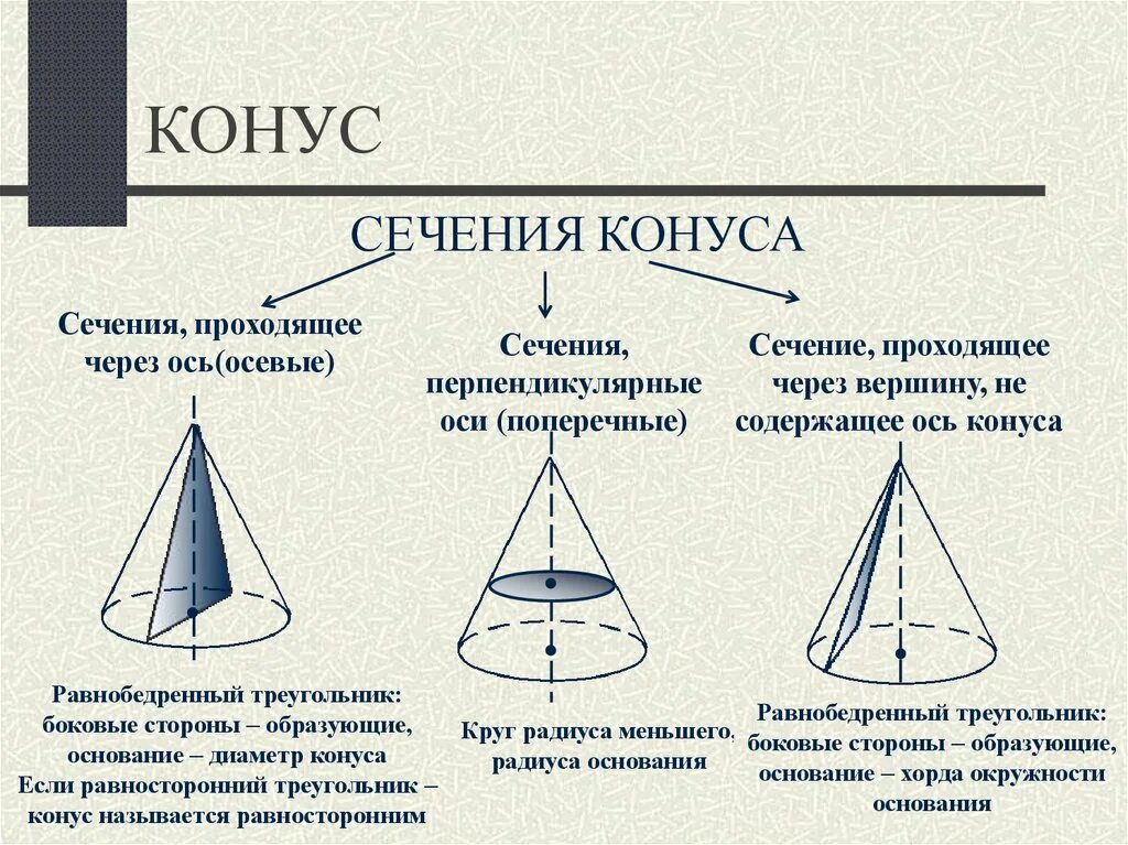 Геометрия сечение конуса осевое. Сечение конуса перпендикулярно образующей. Конус сечение конуса.