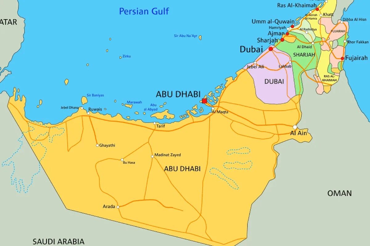 Дубай омывает океан. Карта ОАЭ С Эмиратами. Объединённые арабские эмираты на карте. Объединенные арабские эмираты политическая карта. Эмират рас Эль Хайма на карте ОАЭ.