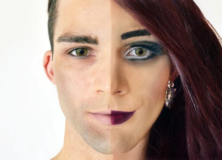 Half showed. Ftm макияж. Half men half women face.