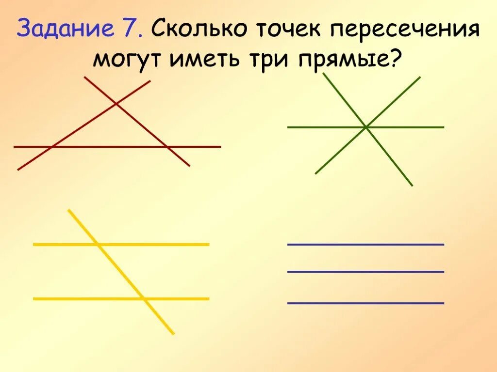 Сколько точек пересечения могут иметь три прямые. Сколько точек пересечения могут иметь 3 прямых. Сколько точек пересечения могут иметь прямая. Три пересекающихся прямых.