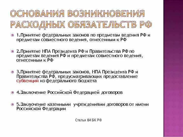 Виды расходных обязательств бюджета. Возникновение расходных обязательств. Федеральные законы по предметам совместного ведения. Проекты федеральных законов по предметам совместного ведения:. Расходные полномочия рф