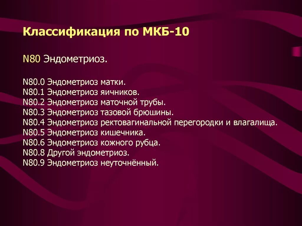 Диагнозы z мкб 10. Мкб 10 n80. N80/1 по мкб. Мкб 80.1. Эндометриоз тела матки мкб 10.