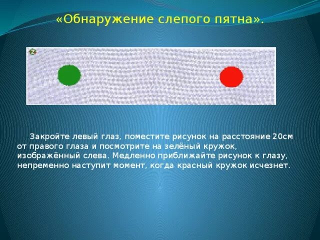 Слепое пятно строение и функции. Обнаженте слепого пятна. Слепое пятно глаза. Выявления слепого пятна в глазу.