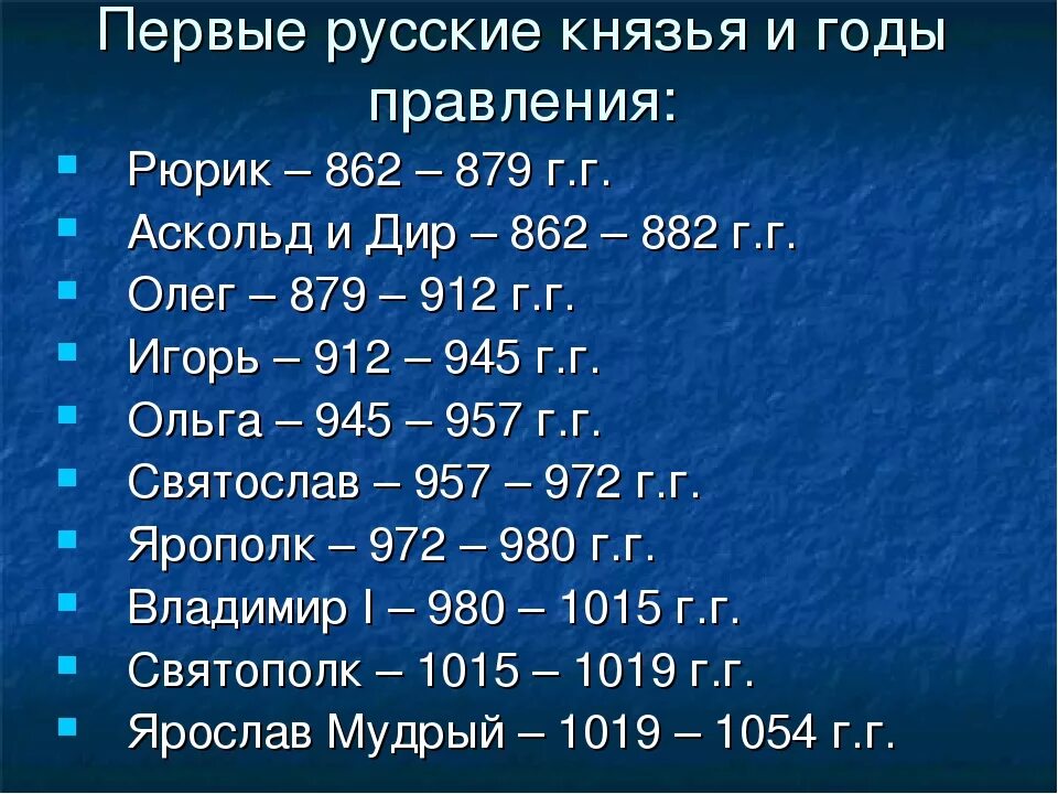 Годы правления князей 6 класс история россии