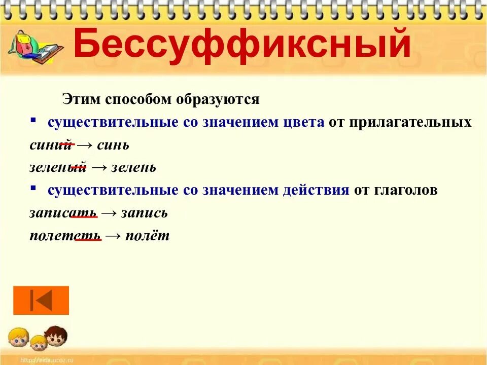 Значение слова образующих. Бессуффиксный способ образования. Бессуффиксный способ образования слов. Бессуффиксный способ примеры. Бессуффиксный способ образования слов примеры.