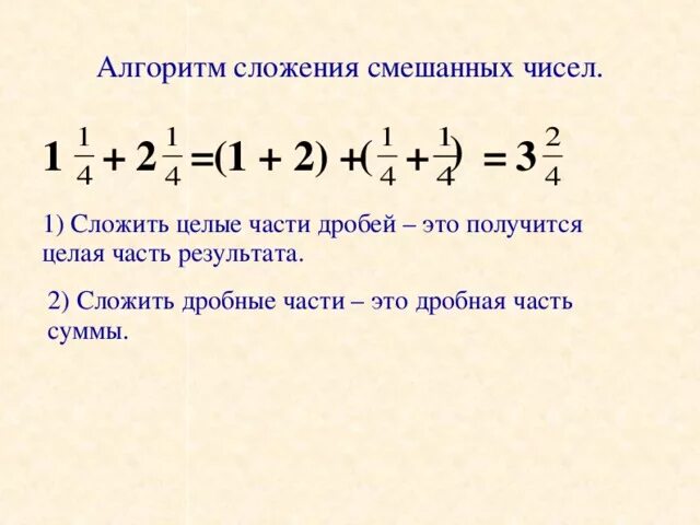 Алгоритм сложения двух целых чисел. Алгоритм сложения и вычитания смешанных дробей. Алгоритм сложения смешанных чисел. Алгоритм сложение смешанных дробей 5 класс. Сложение и вычитание дробей смешанных чисел.