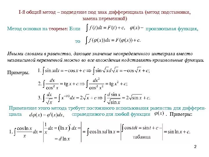 Метод подведения под знак дифференциала. Интегрирование внесением под дифференциал. Интегрирование под знак дифференциала. Интегрирование методом подведения под знак дифференциала. Интегралы функций примеры