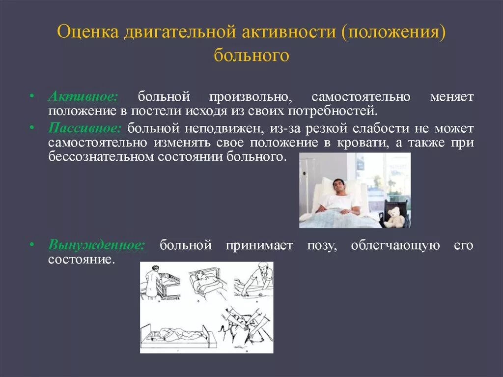 Оценка двигательной активности пациента. Оценка положения больного. Активное положение больного. Двигательная активность больного. 3 режима больного