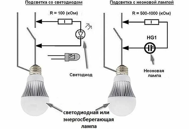 Почему лампа в квартире. Схема подключения светодиода в выключателе с подсветкой. Схема осветительных ламп светодиодных. Схема освещения светодиодными лампами. Схема выключения света лампа выключатель.