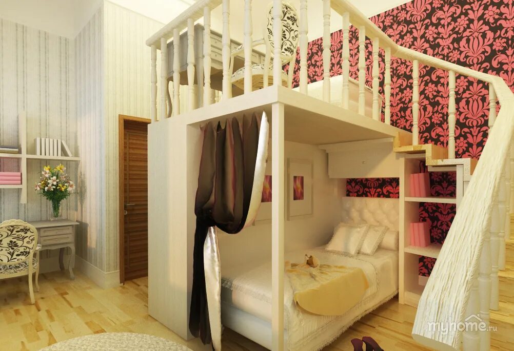 Детские комнаты для девочек. Комната с кроватью чердаком. Девочка на втором этаже. Девочка на втором этаже. Двухэтажная кровать для девочек.