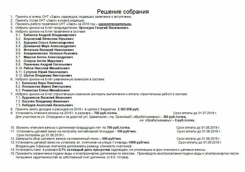 Исключение из членов снт. Собрание СНТ. Решение собрания СНТ. План работы правления. Состав правления СНТ.