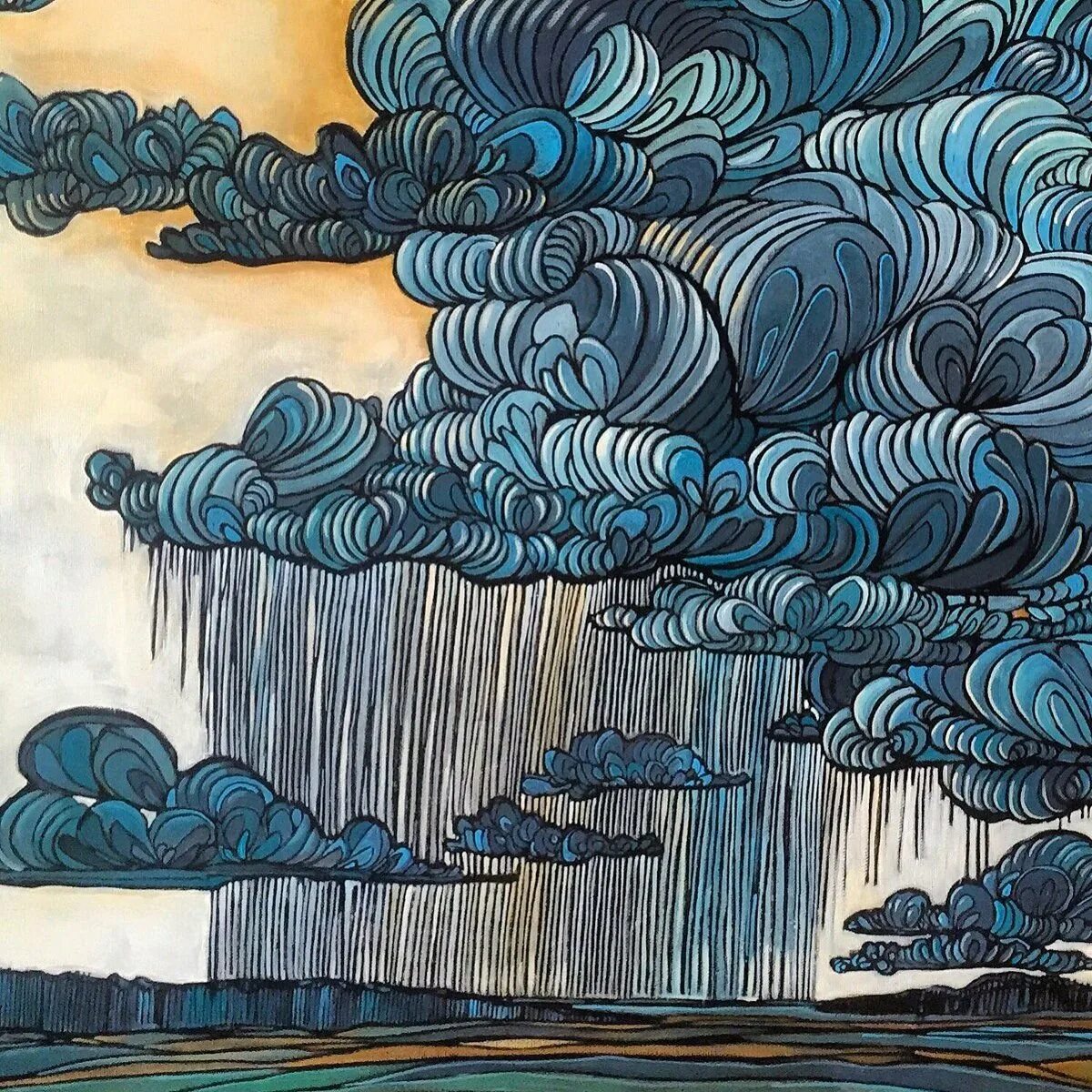 Японские облака. Дудлинг Ван Гог. Стилизованный пейзаж. Декоративный пейзаж. Стилизованный графический пейзаж.