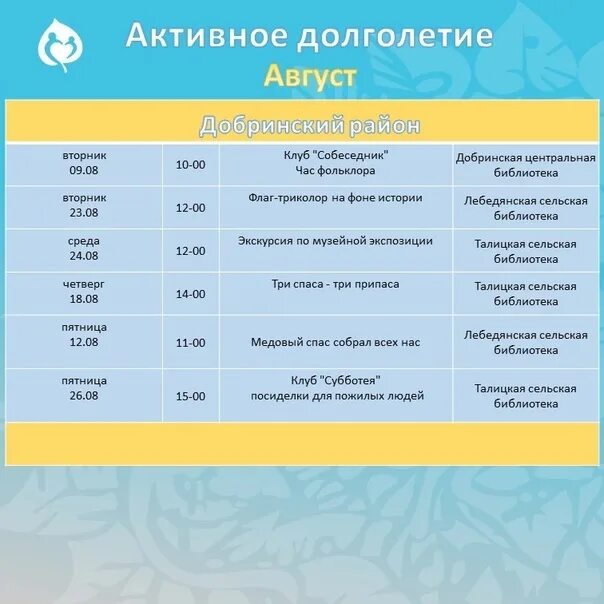 Зарядка долголетия расписание и площадки 2025 август. Активное долголетие липецк. клин активное долголетие расписание занятий. активное долголетие афиша.