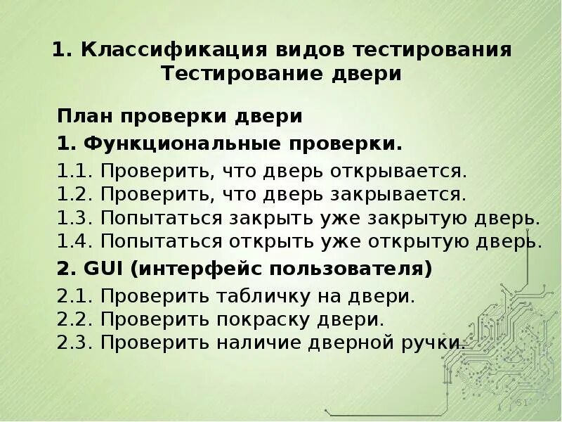 Тест к уроку 2 1. Классификация видов тестирования. тип урока в тестирование. тест двери. тестирование двери проверить что дверь открывается.
