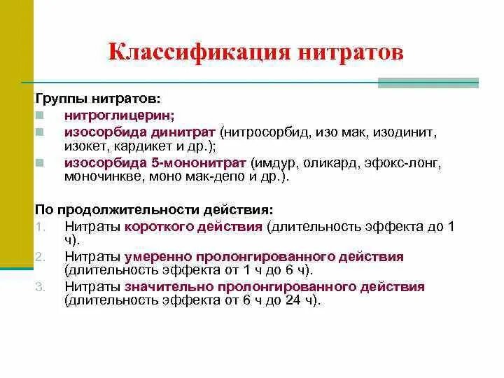 Нитраты классификация фармакология. Классификация нитратов по продолжительности действия. Органические нитраты фармакология препараты. Классификация органических нитратов фармакология. Препараты группы нитратов