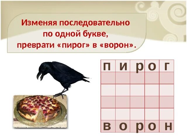 Ворон звуки и буквы. Изменяя последовательно по 1 букве преврати пирог в ворон. Изменяя последовательно по одной букве;превратить пирог в ворону. Изменить последовательно по одной букве, превратить пирог в ворон. Ворона изменить одну букву.