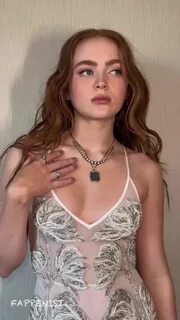 Sadie Sink braless boobs showing nice cleavage with her big tits in a low c...