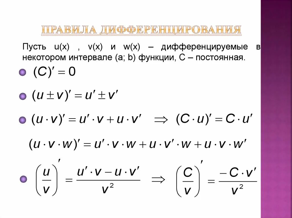 Производные функции формулы произведения. Дифференцирование суммы функций. Производная функции. Правила дифференцирования. Дифференцирование производной.