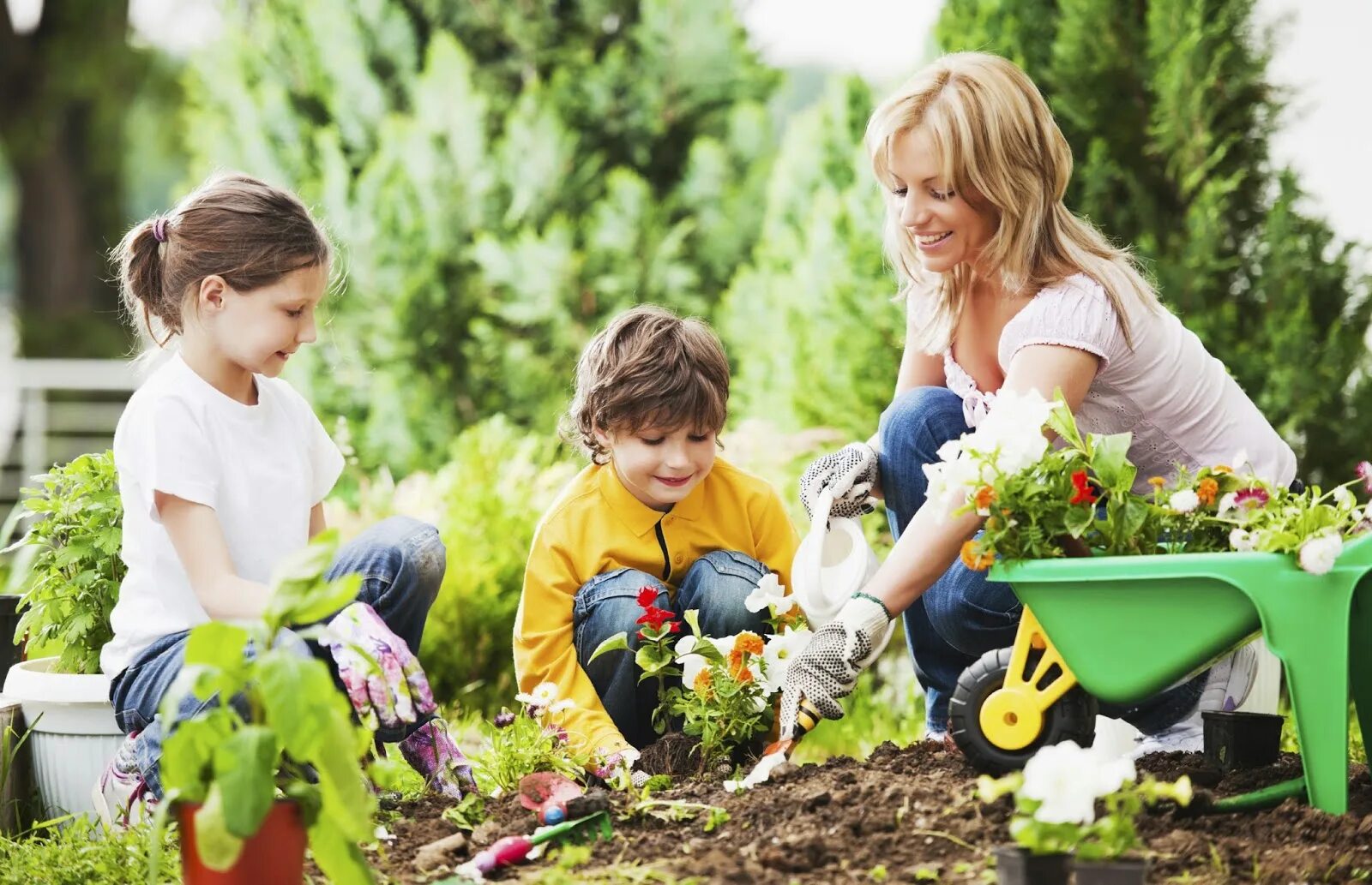 Огород для детей. Семья в саду. Дети помогают родителям. Дети в саду. Посадка цветов в детском саду