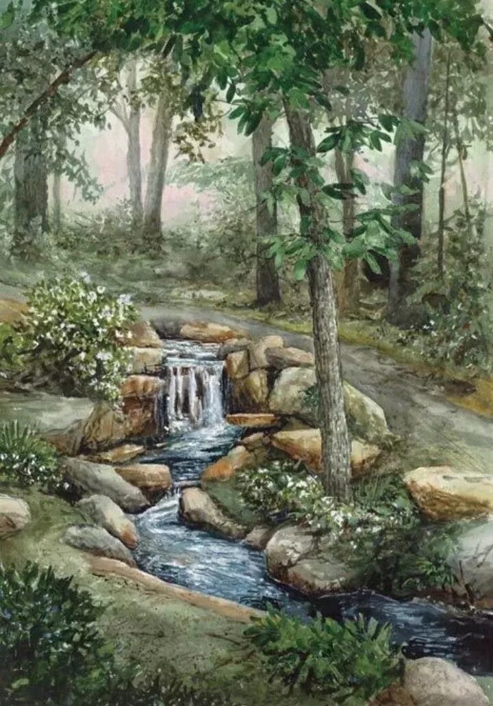 Родник картина. Ручей в лесу. Сказочный ручей. Сказочный ручей в лесу. Пейзаж рисунок.