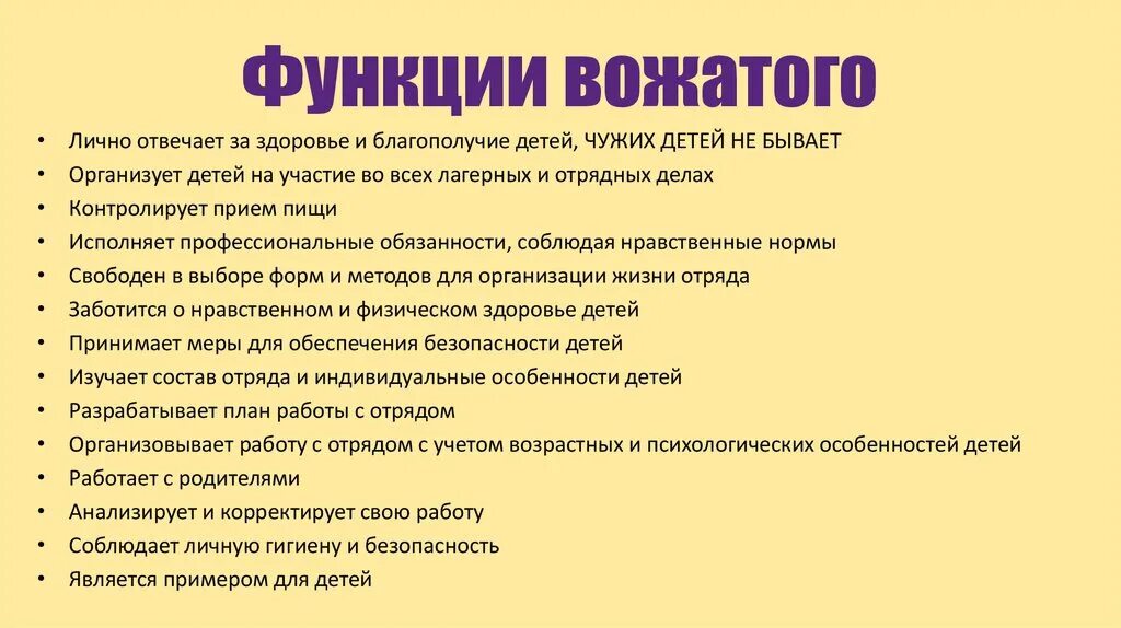 Содержание дол. Роль вожатого в детском оздоровительном лагере. Функционал вожатого. Функции старшего вожатого. Функции и обязанности вожатого.