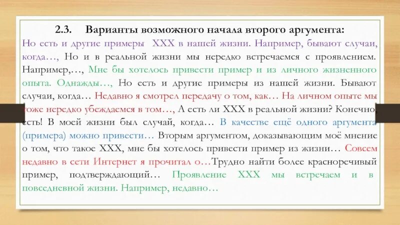 Начала второго аргумента. Начало 2 аргумента. В качестве второго аргумента приведу пример. Как начать второй аргумент.