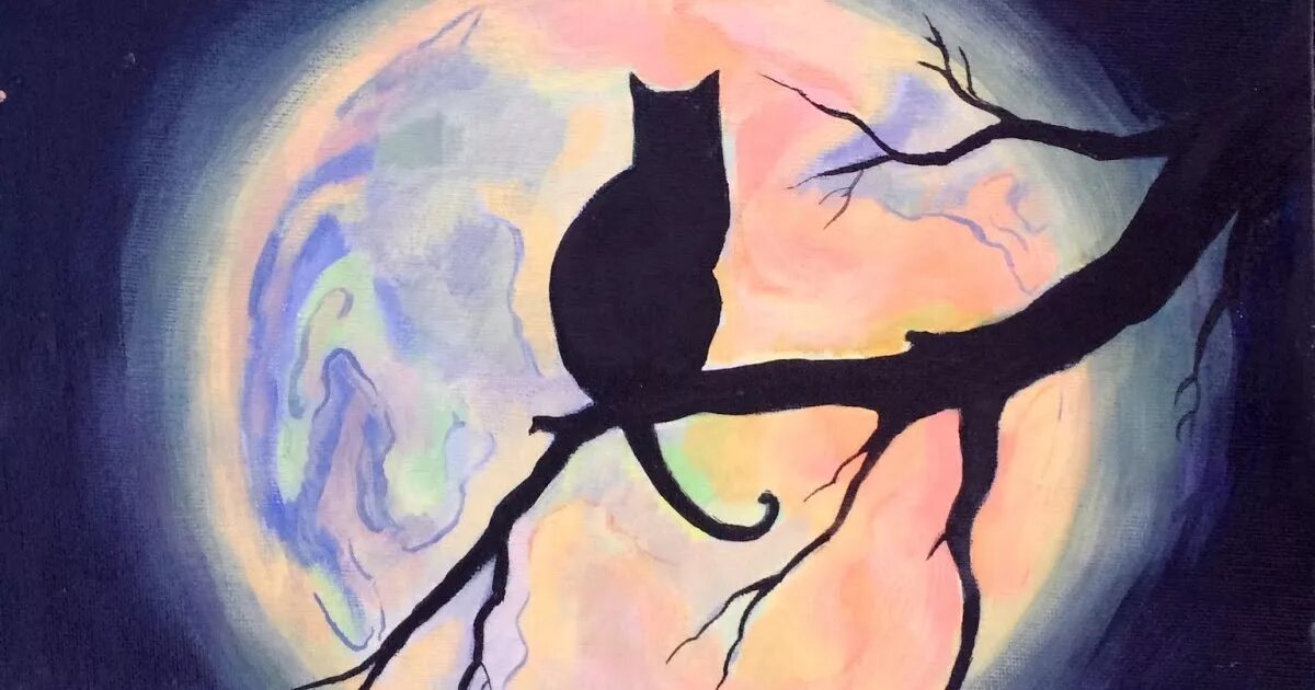 Песни лунный кот. Рисунки гуашью легкие. Пейзаж с силуэтом кошки. Кошка на ветке при Луне. Ночной пейзаж рисунок.
