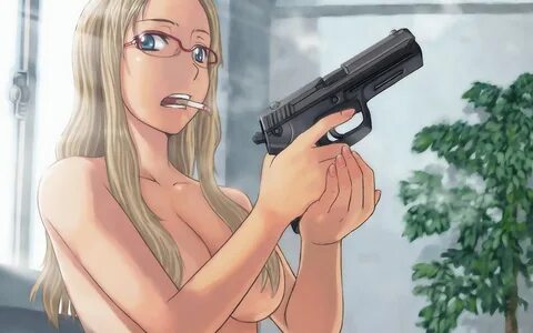 blonde hair blue eyes cigarette glasses gun itou (onsoku tassha) nude origi...